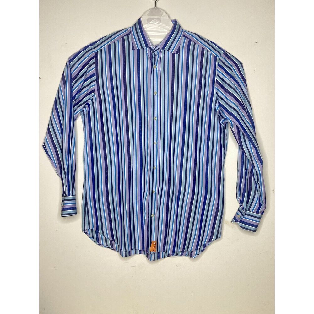 ETRO Italy Mens Dress Shirt Multicolor Veritcal Stripes Sz 44 XL Cotton Fabric